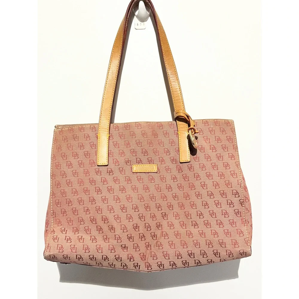 Dooney & Bourke Monogram Canvas Tote Bag Mauve Burgundy Leather Trim
